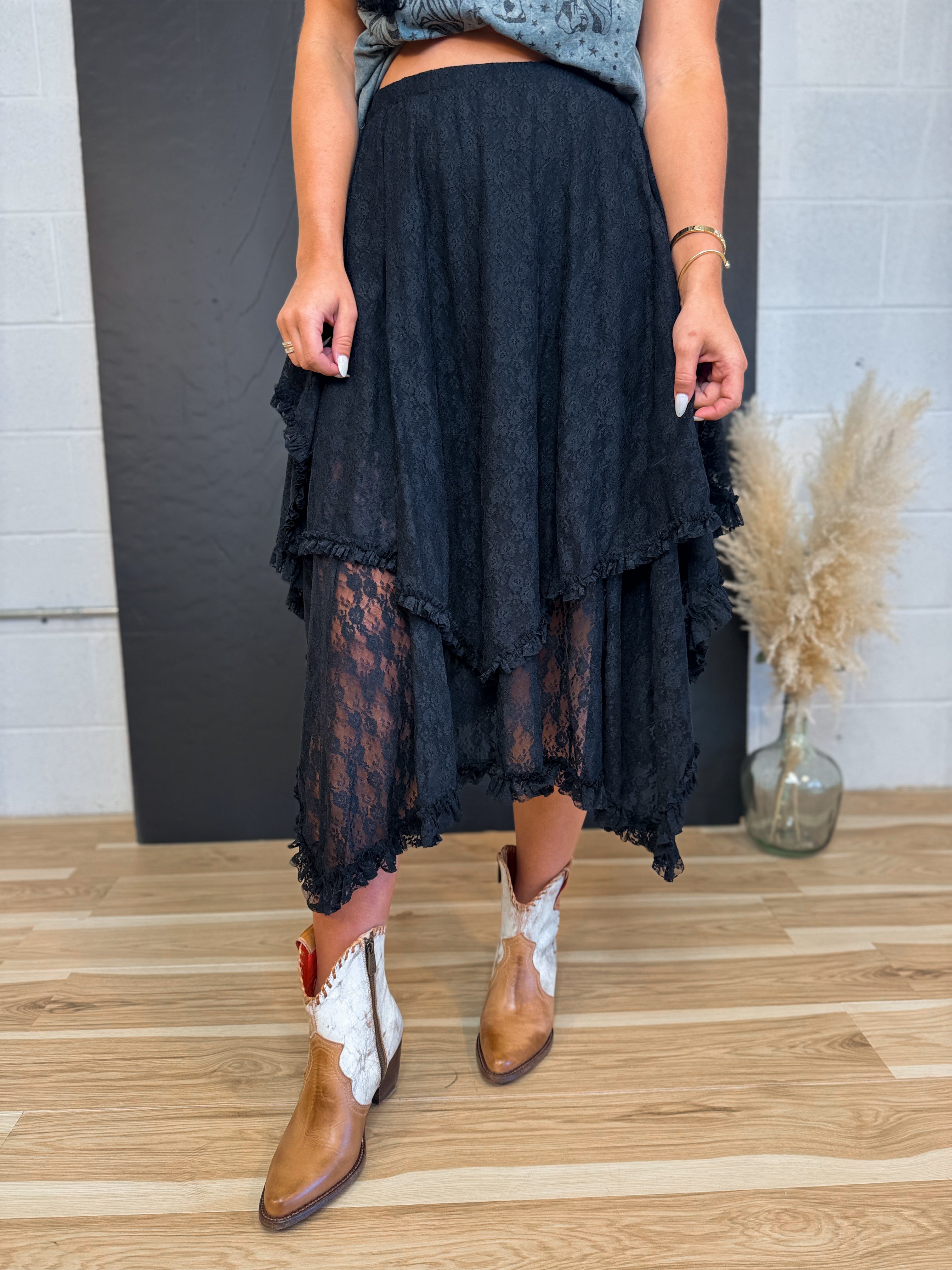 Lace Tier Midi Skirt - Black - Lace and Grace Boutique