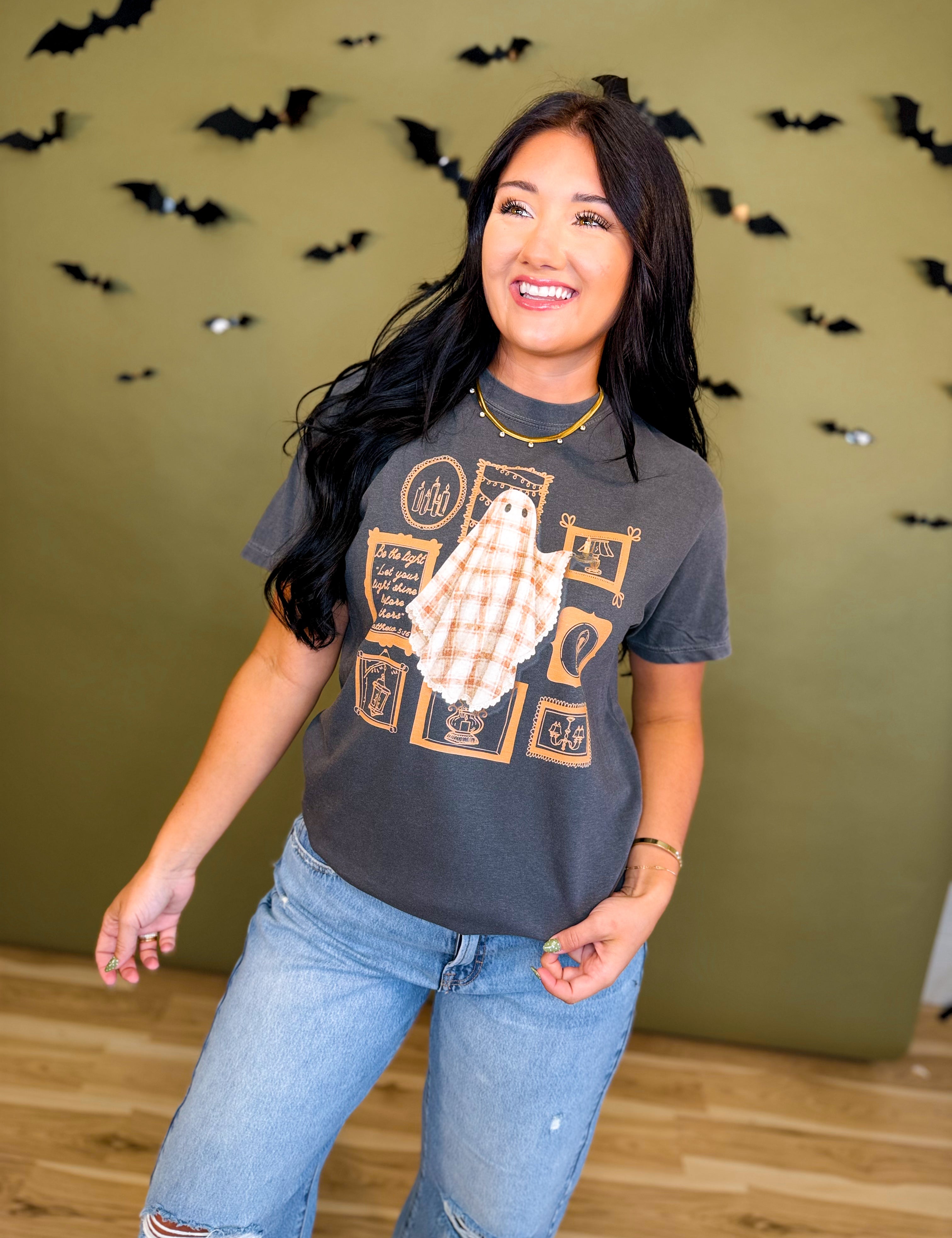 Be The Light Quilted Ghost Graphic Tee - Pepper - Lace and Grace Boutique