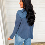 Oversized Waffle Knit Thermal Long Sleeve Top - Denim - Lace and Grace Boutique