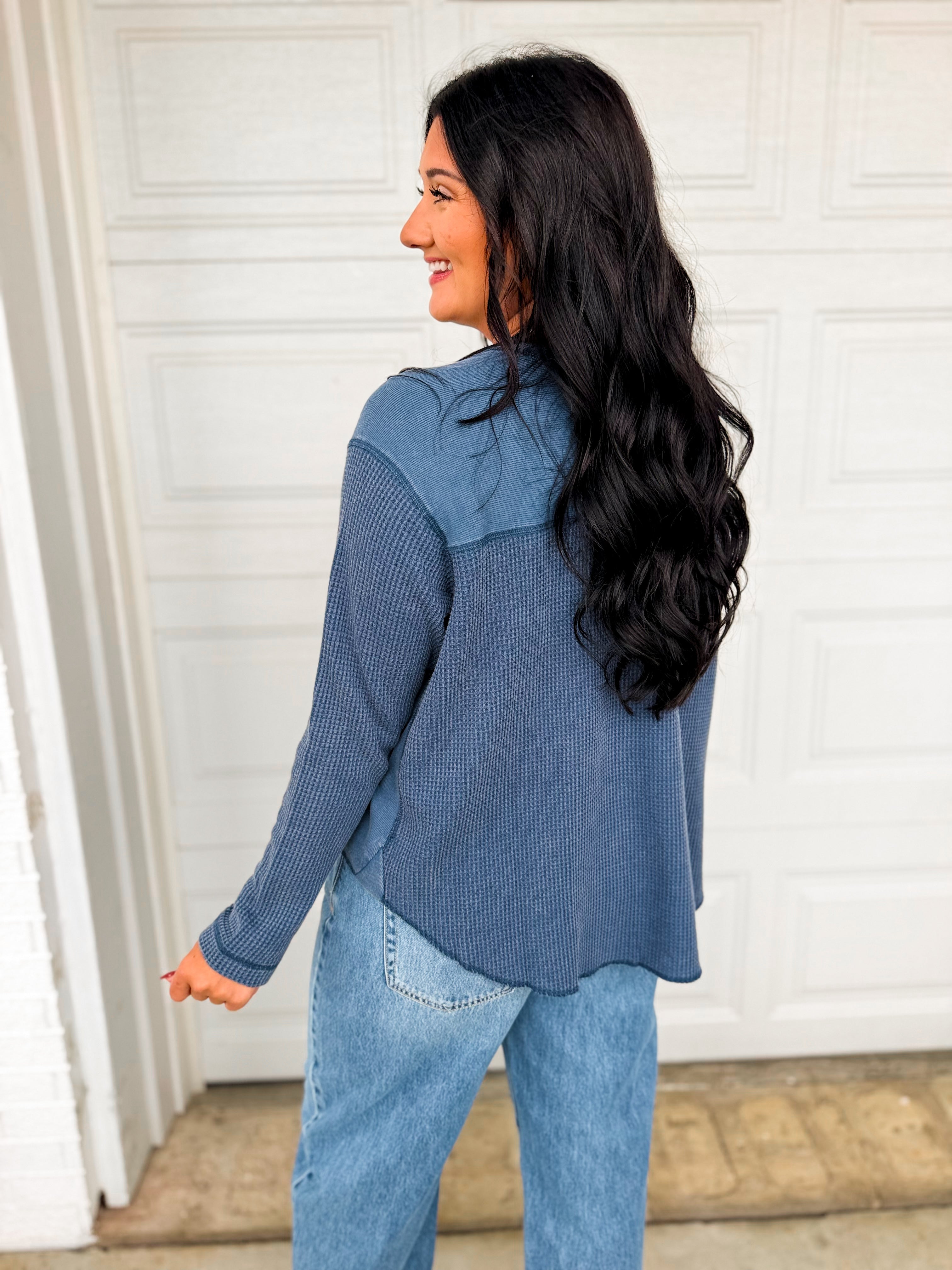 Oversized Waffle Knit Thermal Long Sleeve Top - Denim - Lace and Grace Boutique