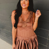 Satin Slip Lace Trim Babydoll Mini Dress - Mocha