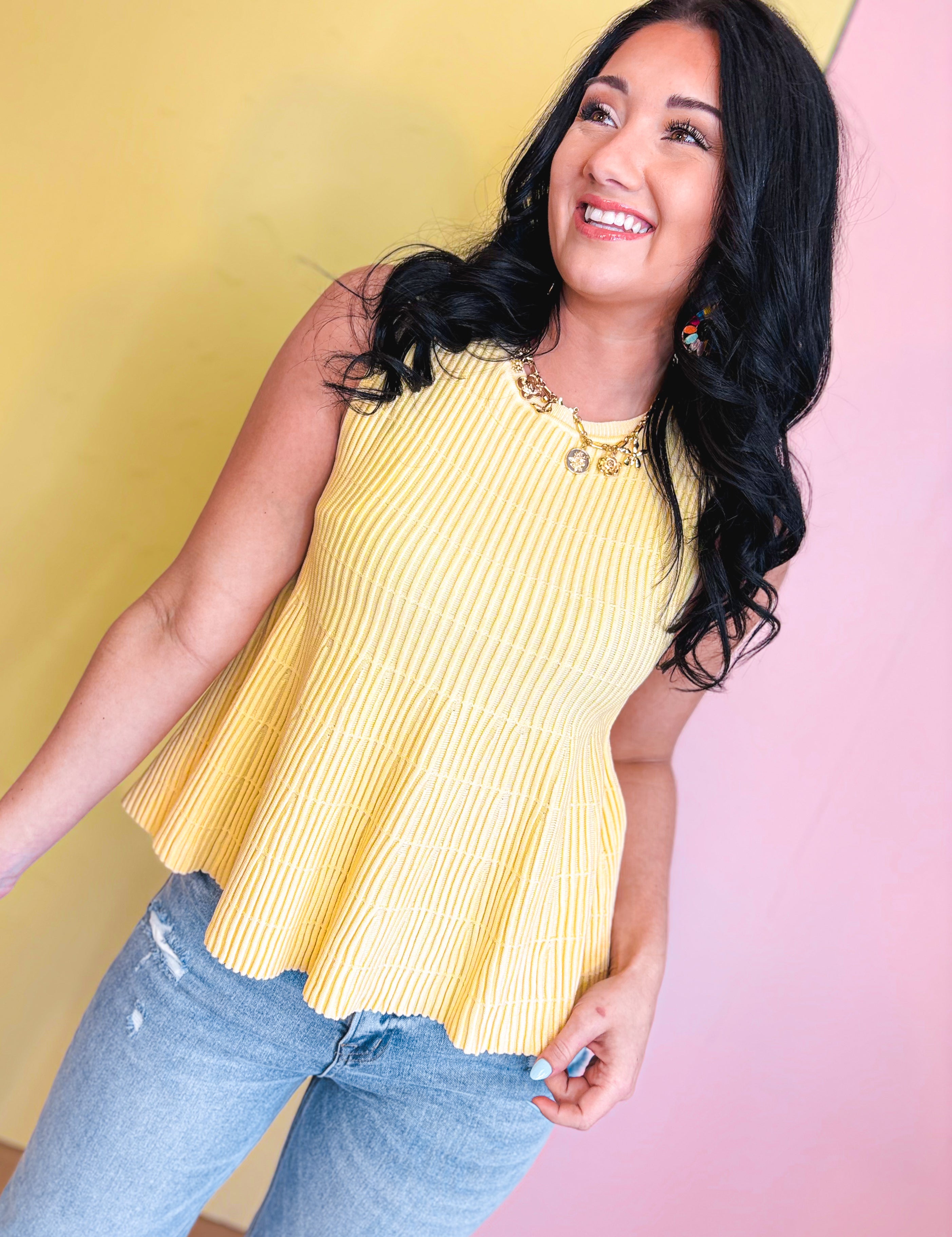 Flared Ribbed Knit Sweater Tank Top - Lemon - Lace and Grace Boutique