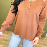 Crochet Lace Button Detail Henley Top - Leathered Bark