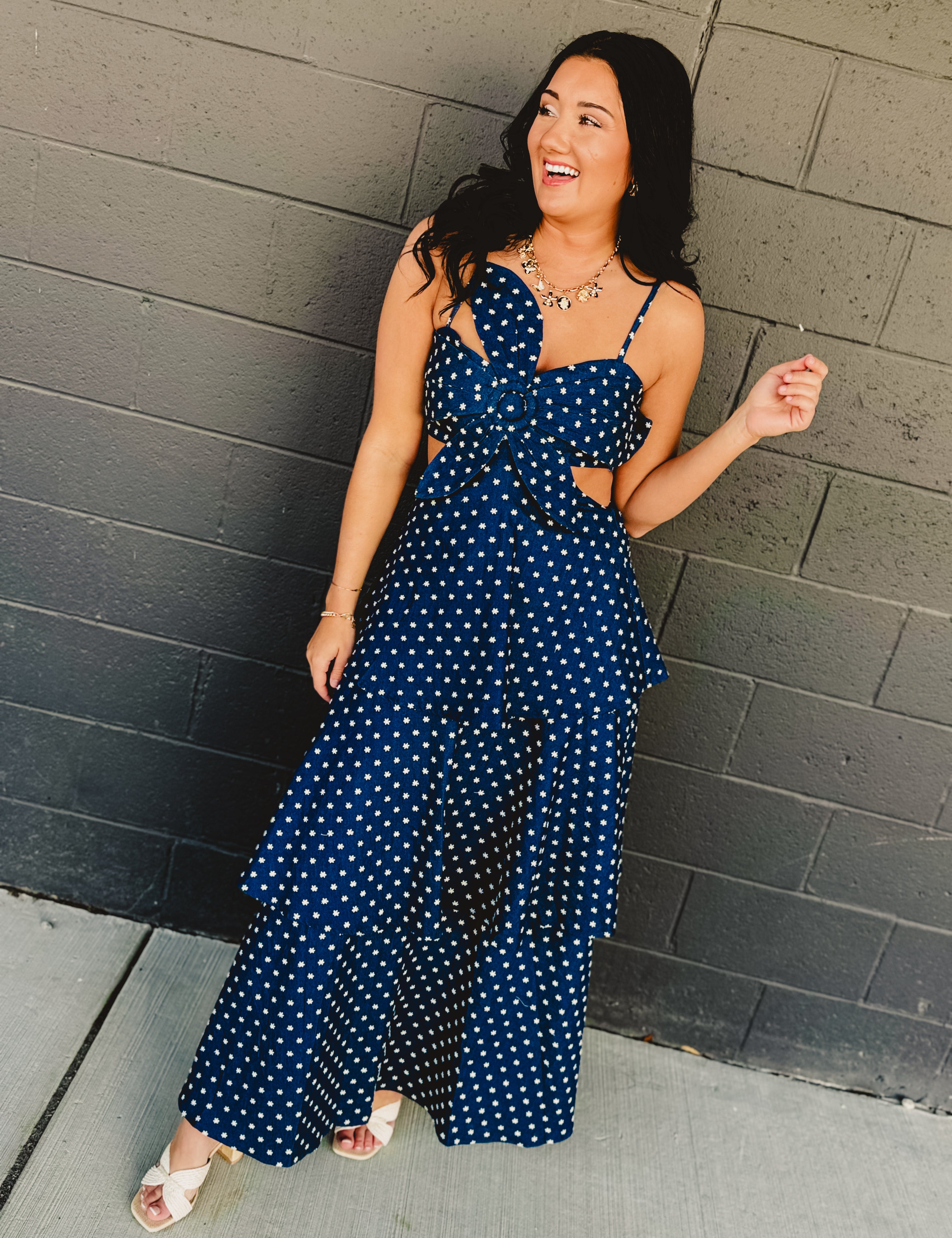 Denim Floral Embroidered Tiered Flare Maxi Dress - Lace and Grace Boutique