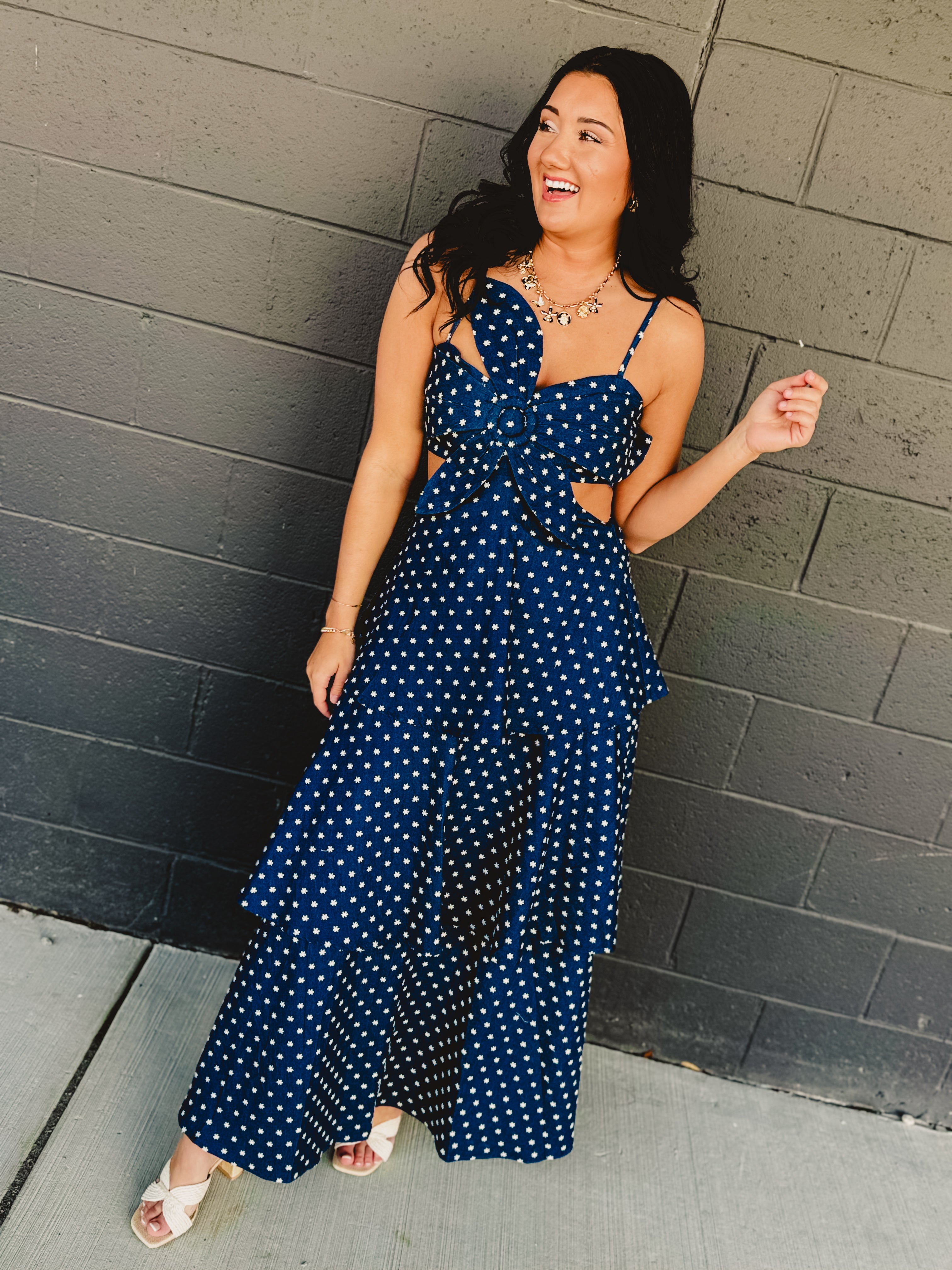 Denim Floral Embroidered Tiered Flare Maxi Dress - Lace and Grace Boutique