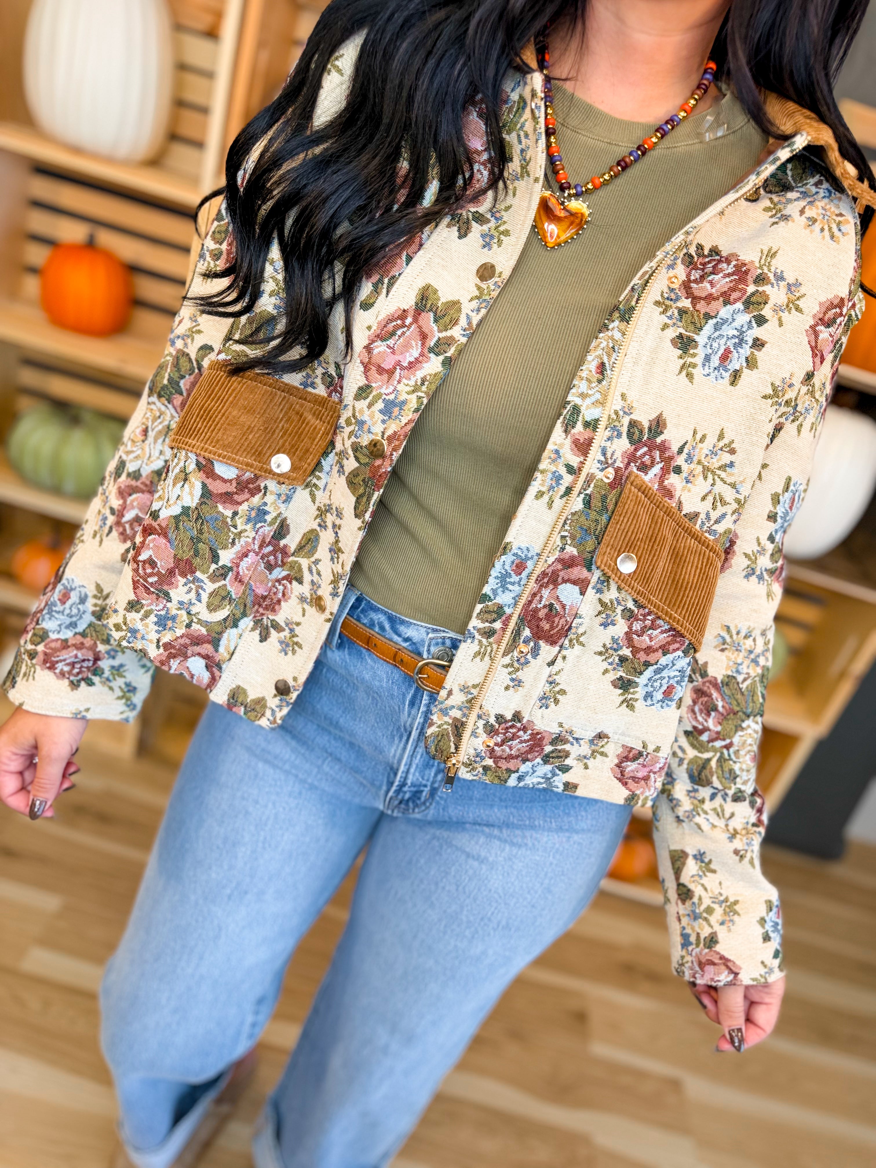 Vintage Floral Tapestry Corduroy Detail Jacket - Lace and Grace Boutique