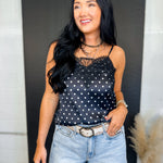 Polka Dot Lace Trim Satin Camisole Tank Top - Black - Lace and Grace Boutique