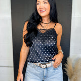 Polka Dot Lace Trim Satin Camisole Tank Top - Black - Lace and Grace Boutique