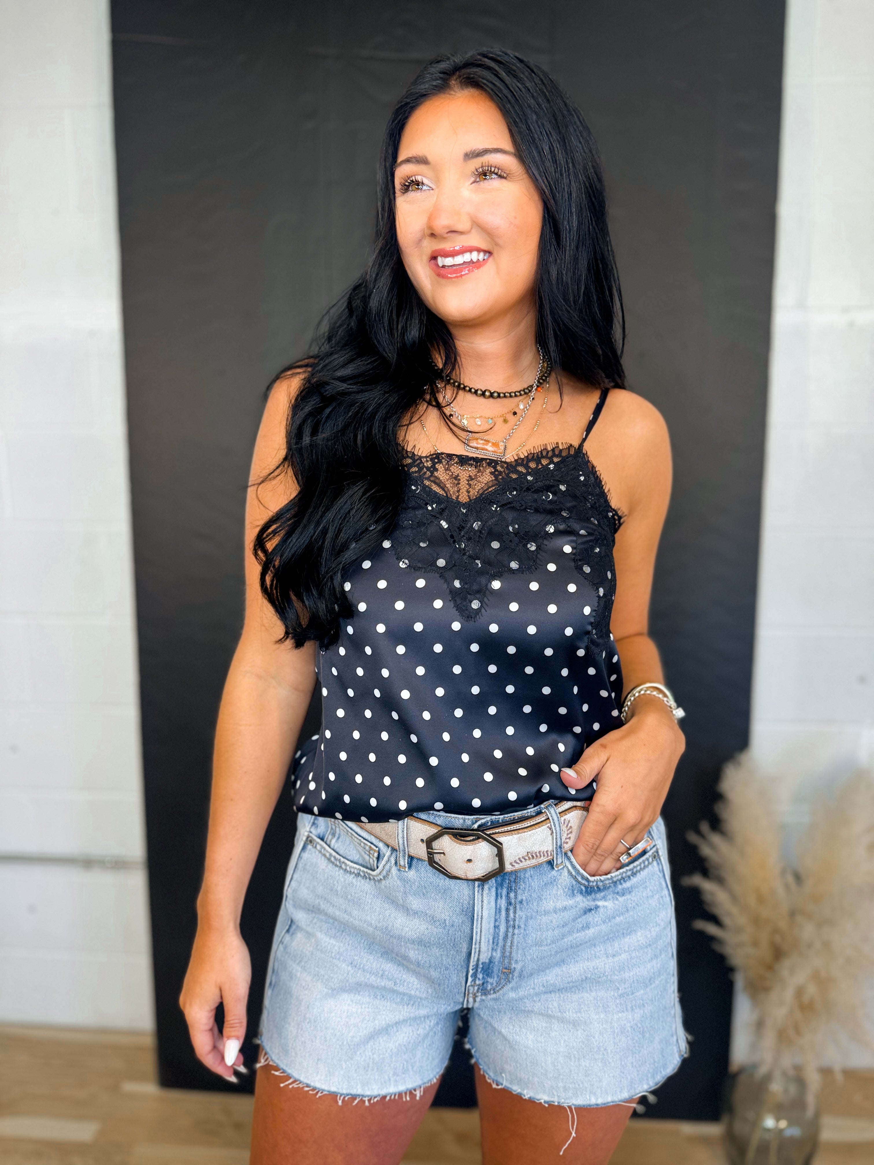 Polka Dot Lace Trim Satin Camisole Tank Top - Black - Lace and Grace Boutique