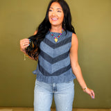 Chevron Color Block Denim Ruffle Hem Tank Top