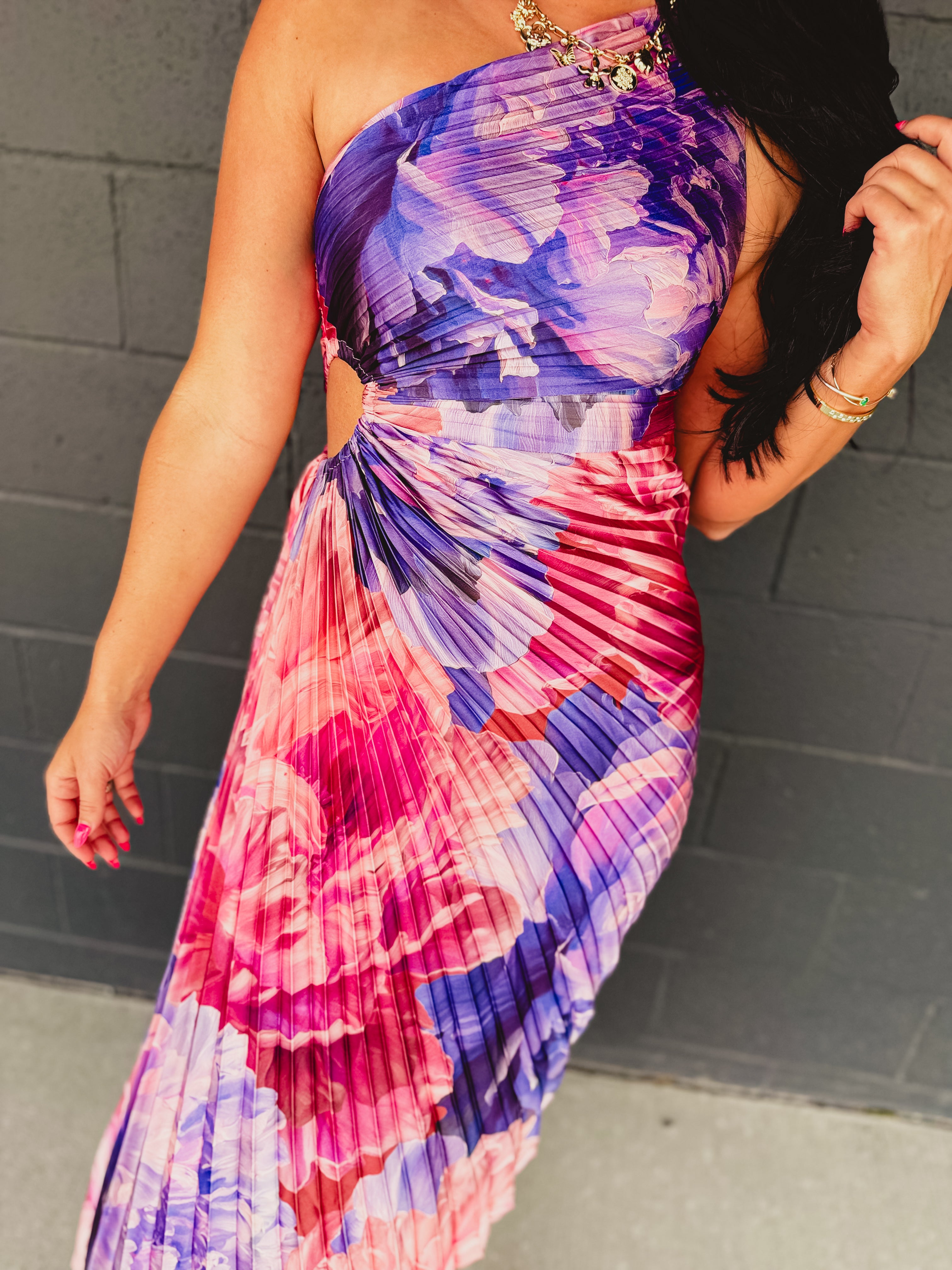 One Shoulder Asymmetrical Pleated Maxi Dress - Lilac Rose - Lace and Grace Boutique