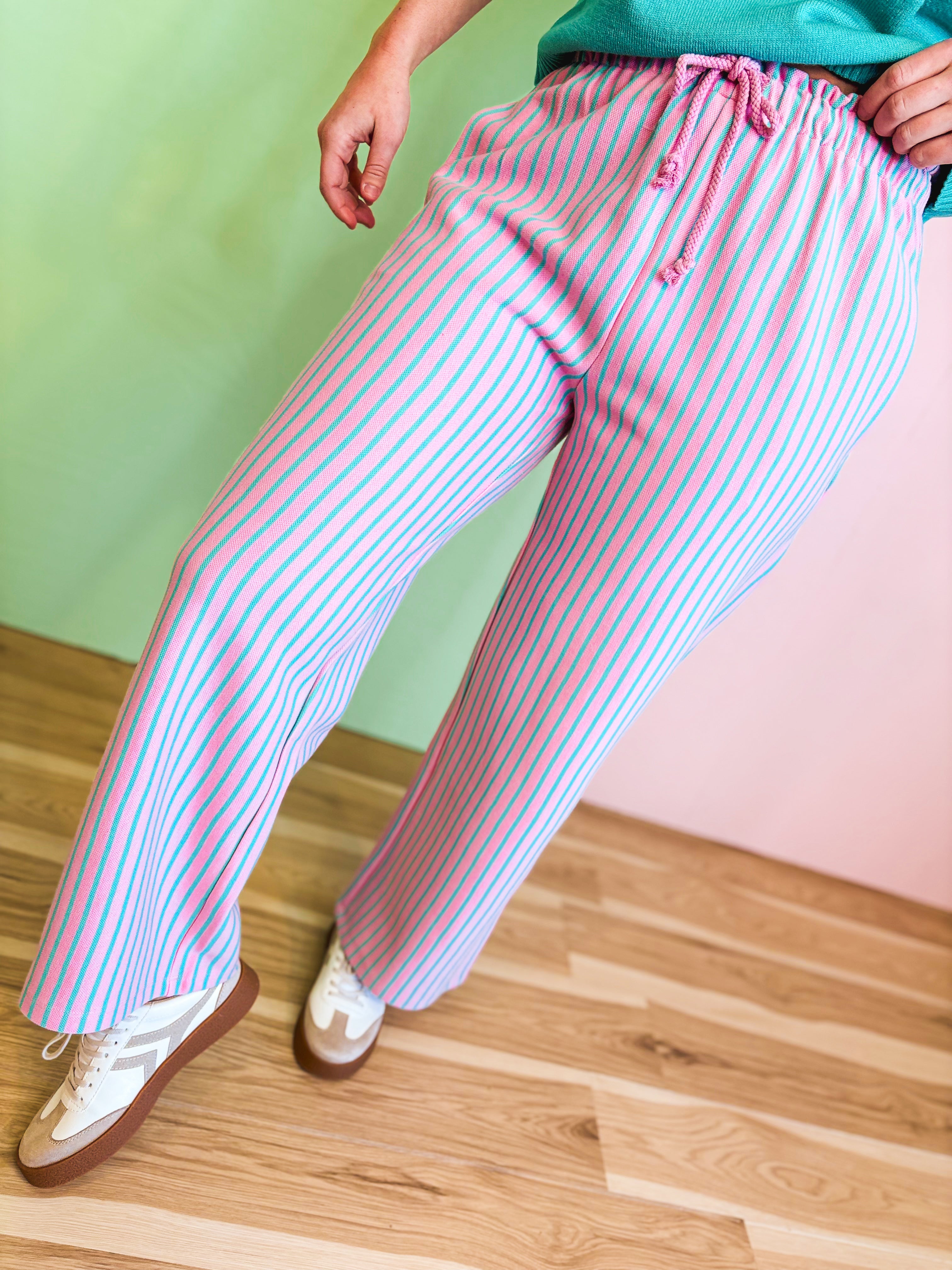 Striped Drawstring Pants - Pink/Mint - Lace and Grace Boutique
