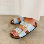 Birkenstock Sydney Luxe Buckle Sandal - Patent Blue - Lace and Grace Boutique