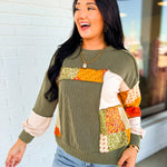 Bubble Sleeve Ribbed Patchwork Knit Top - Olive - Lace and Grace Boutique