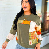 Bubble Sleeve Ribbed Patchwork Knit Top - Olive - Lace and Grace Boutique