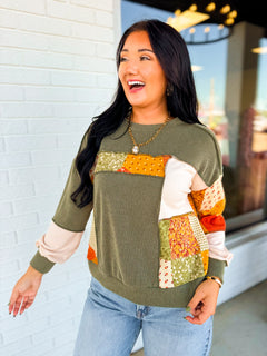 Bubble Sleeve Ribbed Patchwork Knit Top - Olive - Lace and Grace Boutique