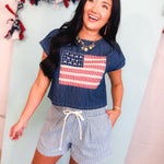 Striped Drawstring Denim Shorts - Lace and Grace Boutique
