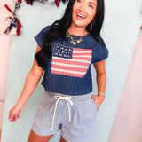 Striped Drawstring Denim Shorts - Lace and Grace Boutique