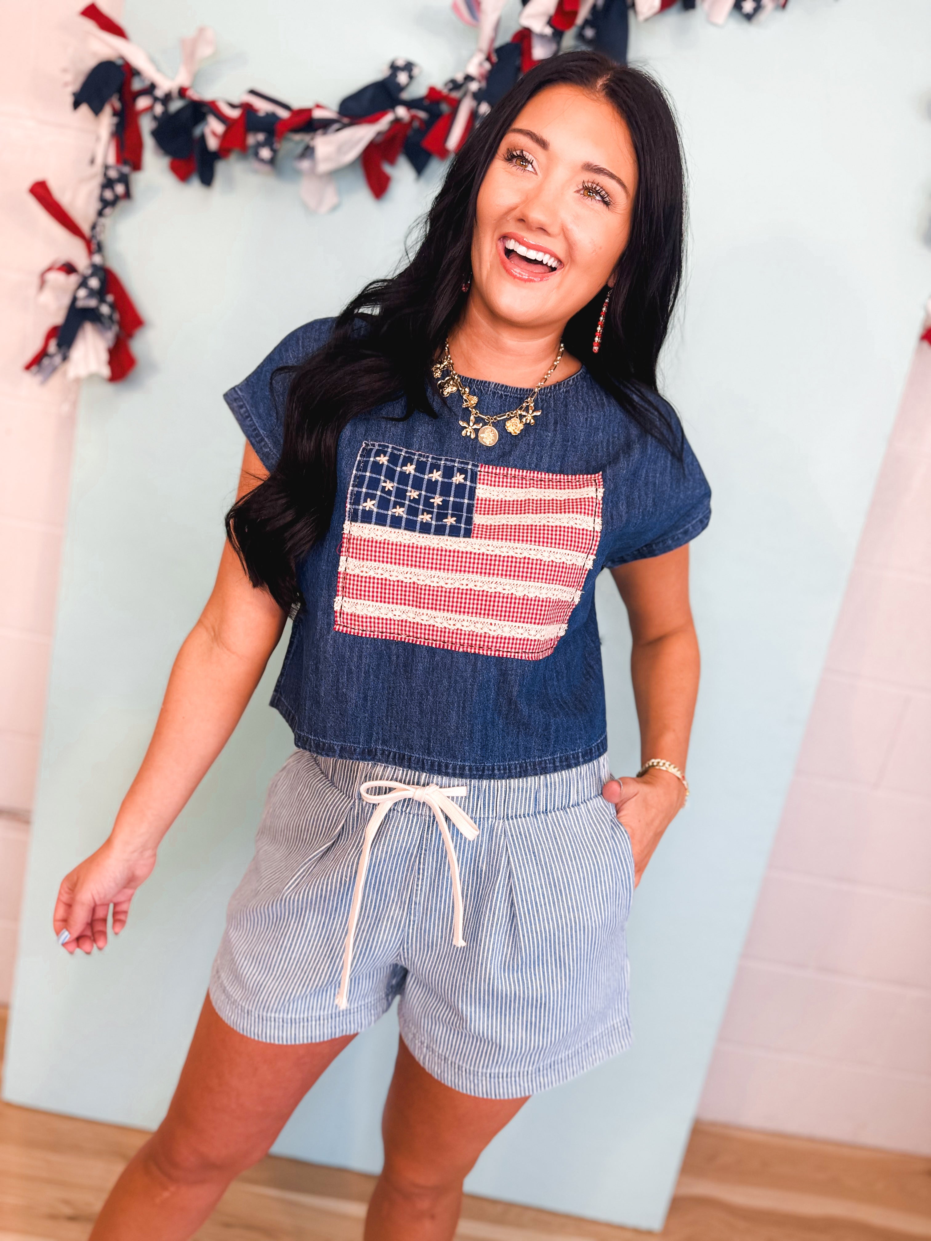 Striped Drawstring Denim Shorts - Lace and Grace Boutique