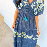 POL Floral Embroidered Chambray Maxi Dress — Denim Blue