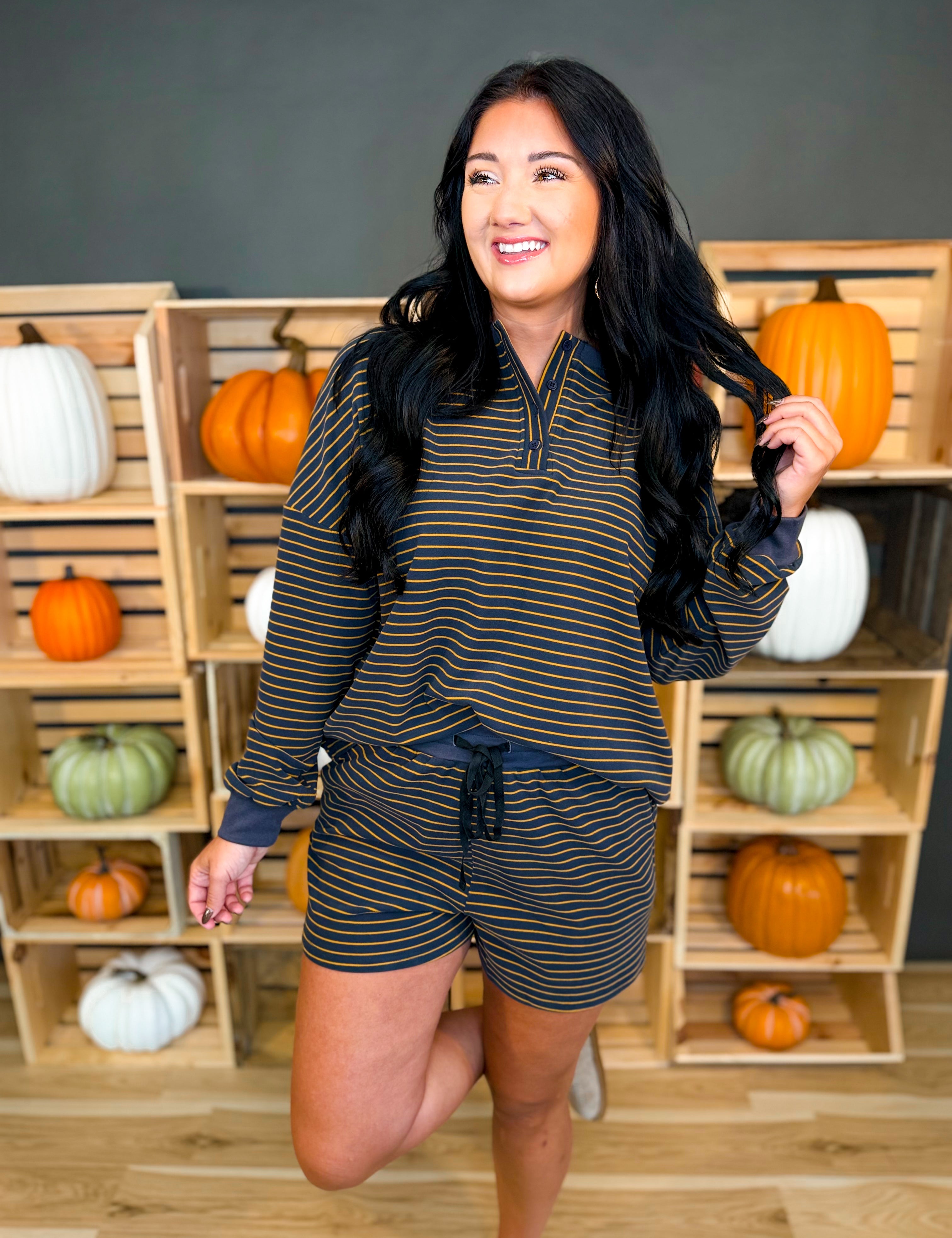 Soft Brushed Pinstripe Pullover & Shorts Set - Midnight - Lace and Grace Boutique