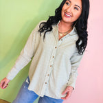Oversized Striped Button Down Top - Sage - Lace and Grace Boutique