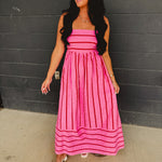 Striped Woven Cotton Flare Midi Dress - Pink Multi - Lace and Grace Boutique