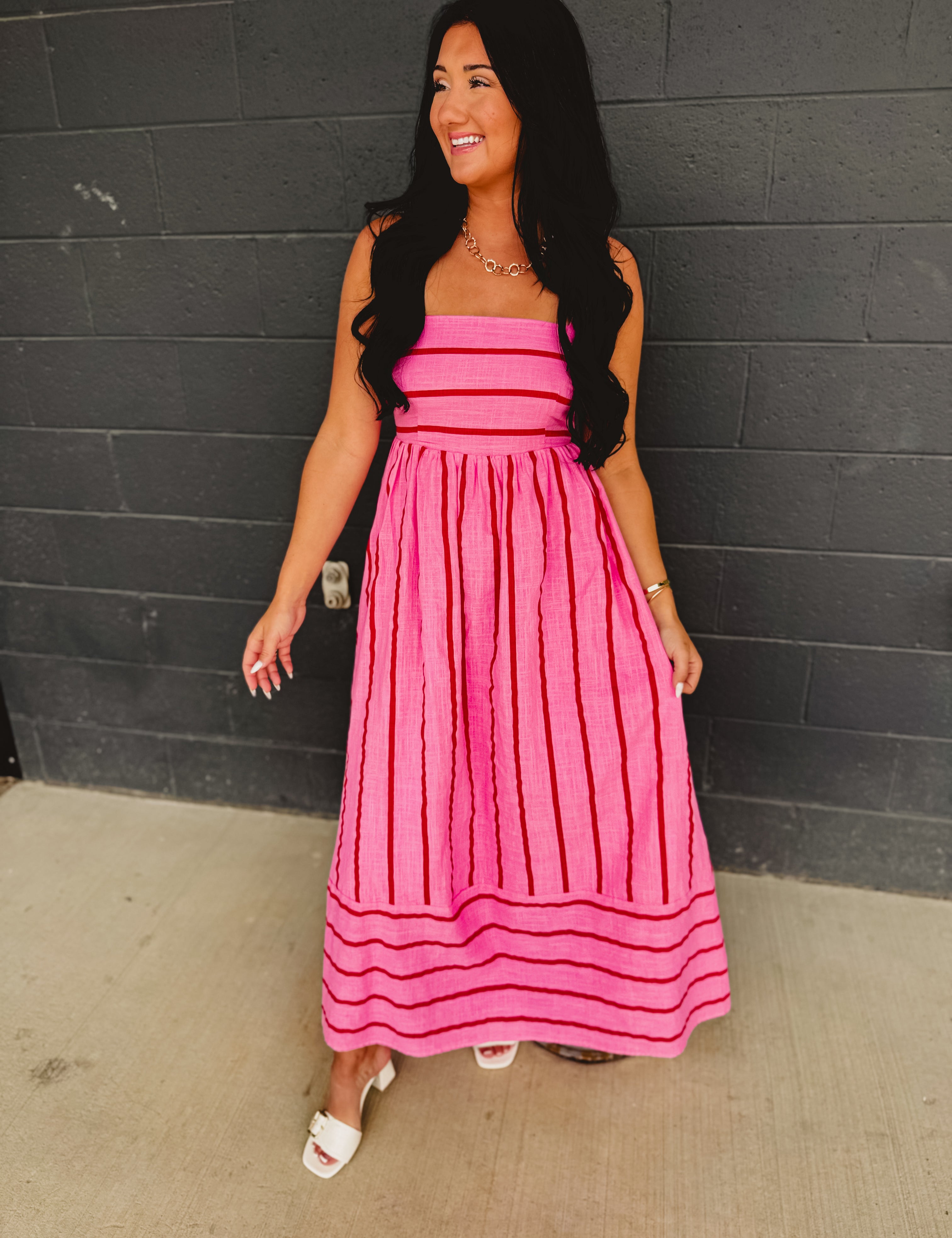 Striped Woven Cotton Flare Midi Dress - Pink Multi - Lace and Grace Boutique