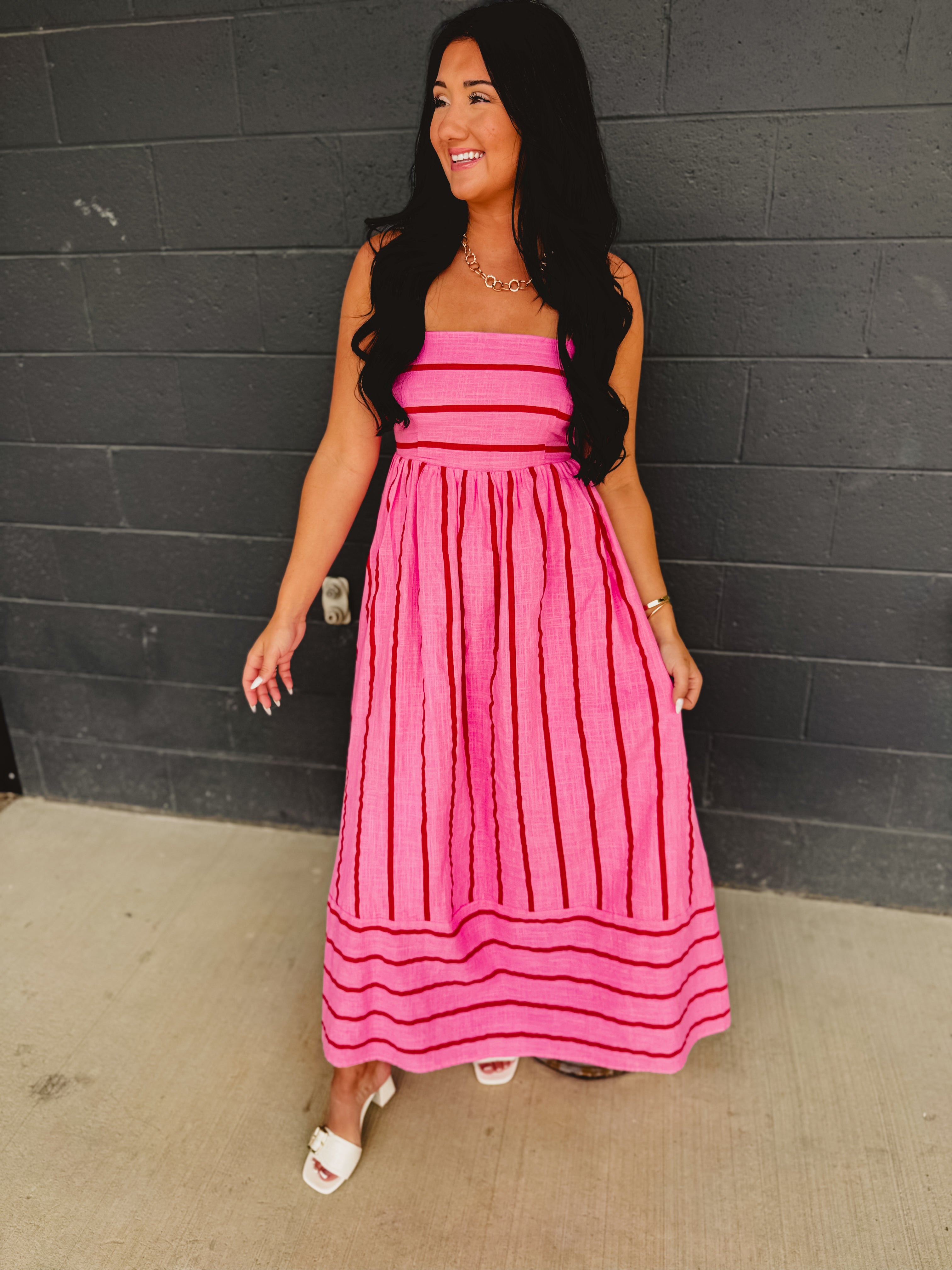 Striped Woven Cotton Flare Midi Dress - Pink Multi - Lace and Grace Boutique