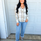 Washed Plaid Fringe Hem Button Down Top - Vintage White