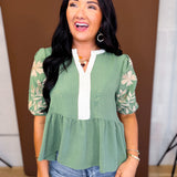 Floral Embroidered Peplum Flare Blouse - Basil Green