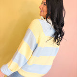 Wide Striped Collared Knit Sweater - Blue/Yellow - Lace and Grace Boutique