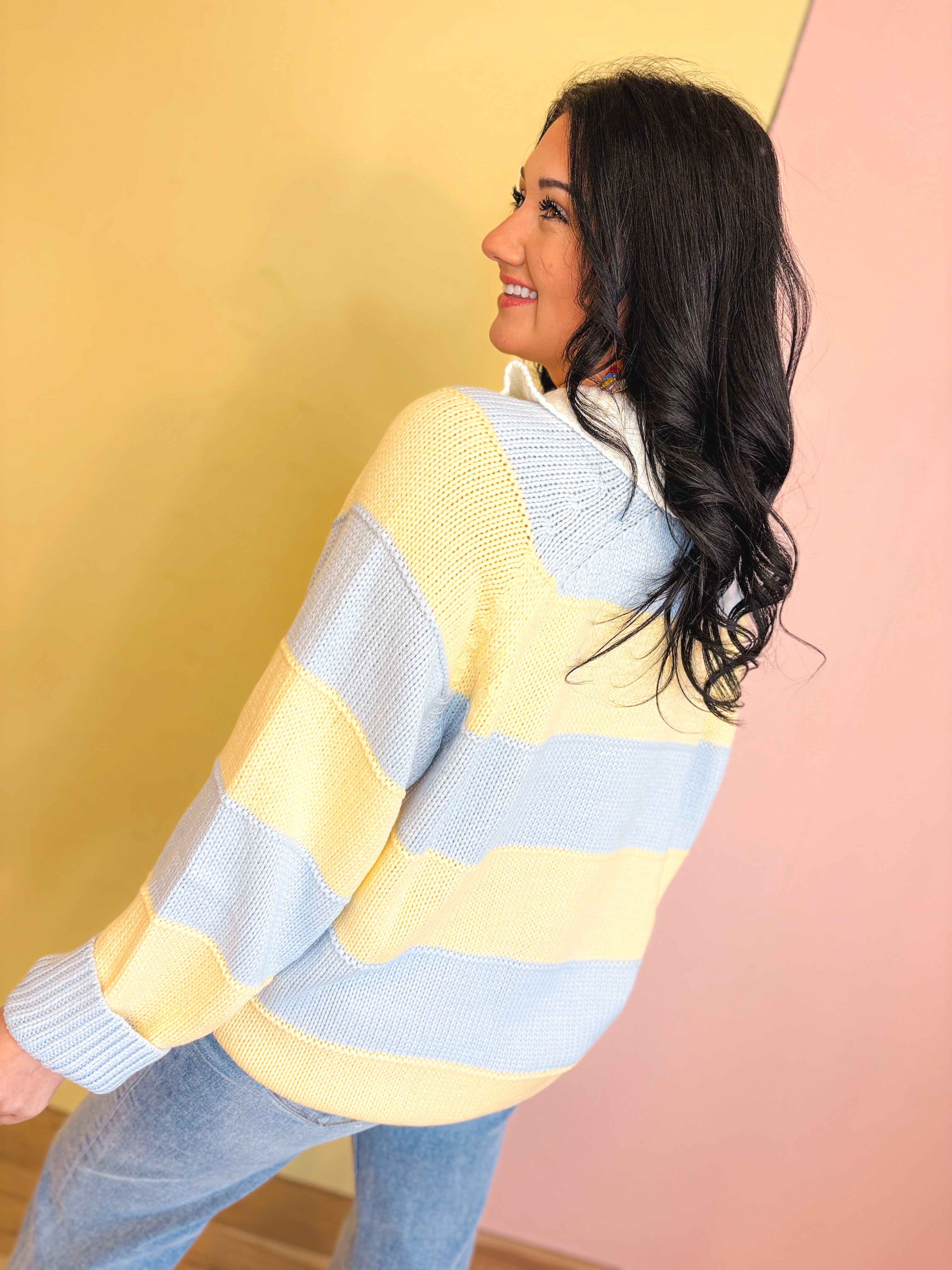 Wide Striped Collared Knit Sweater - Blue/Yellow - Lace and Grace Boutique