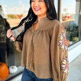 Embroidered Quilt Star Patch Crinkled Blouse - Olive
