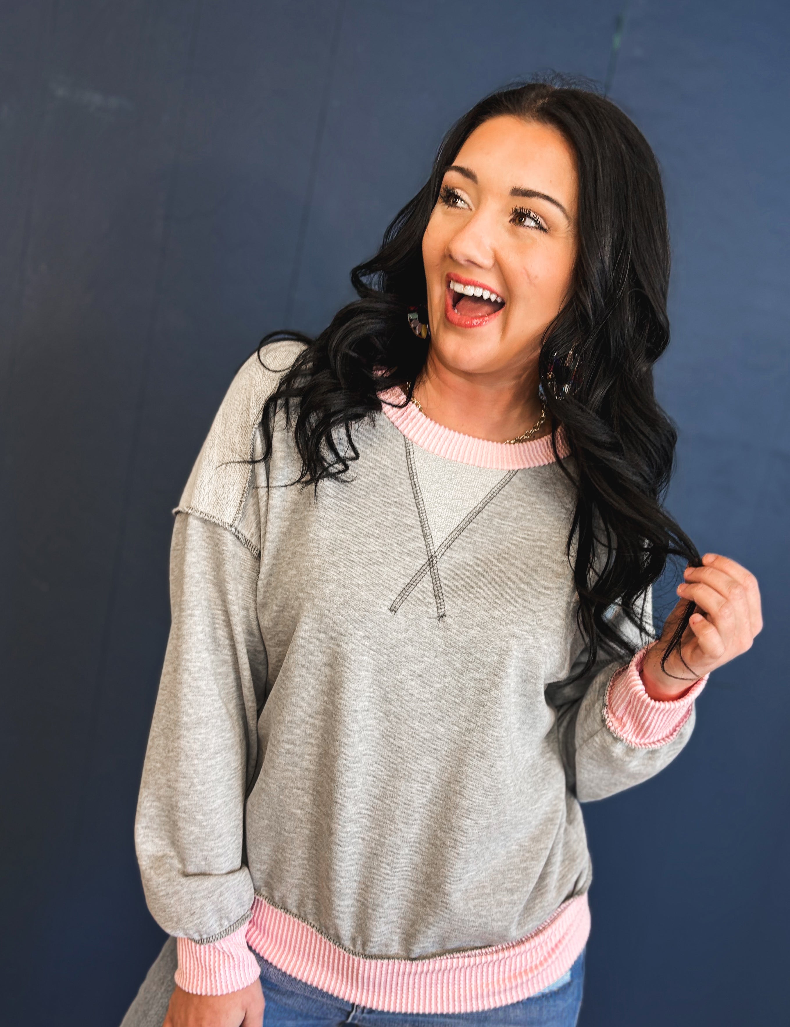 Contrast Trim Exposed Seam Sweatshirt - Heather Grey - Lace and Grace Boutique