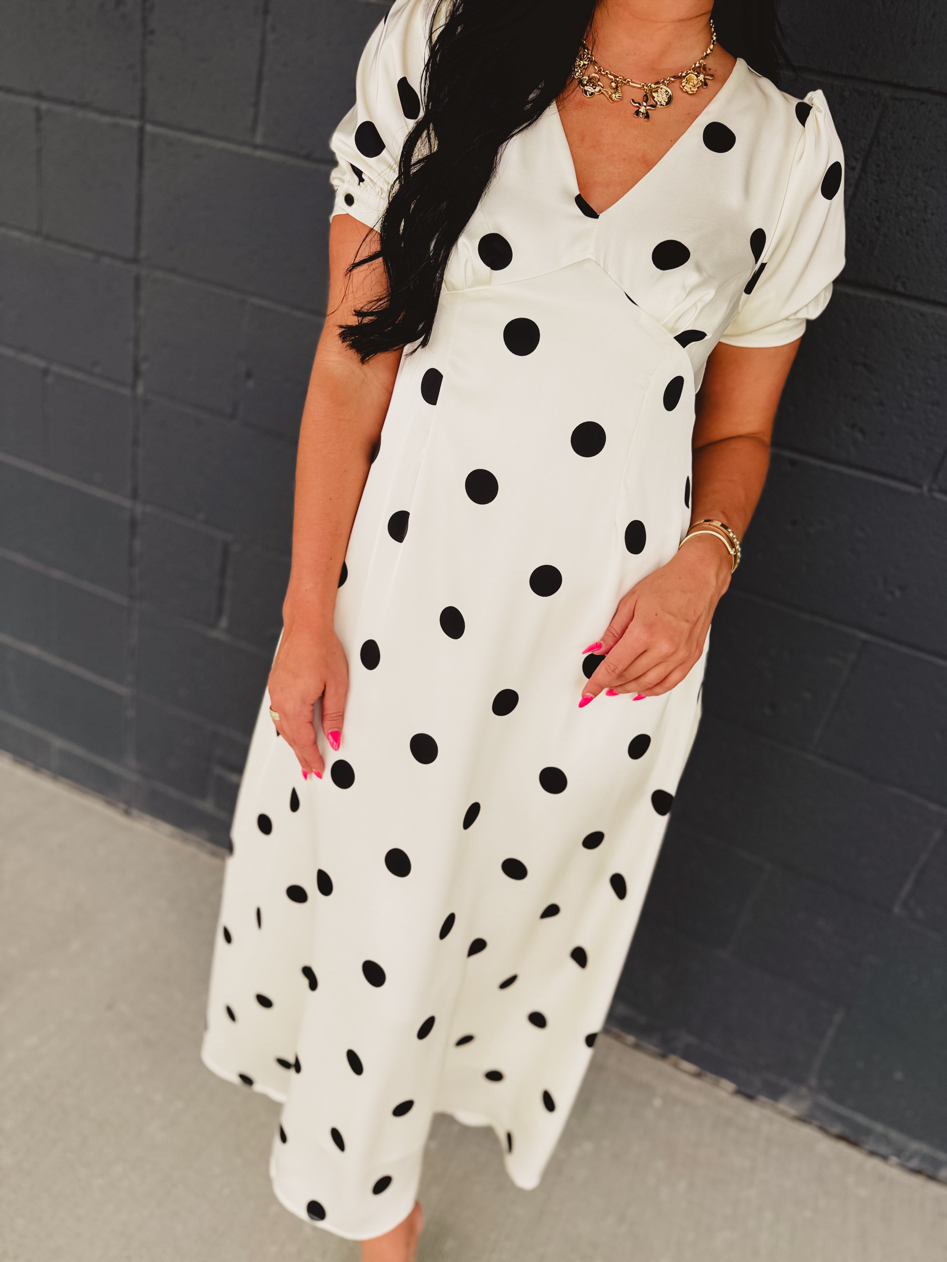 Polka Dot Puff Sleeve Maxi Dress - Cream/Black - Lace and Grace Boutique