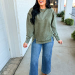 Acid Wash Ribbed Pullover Top - Dark Olive - Lace and Grace Boutique