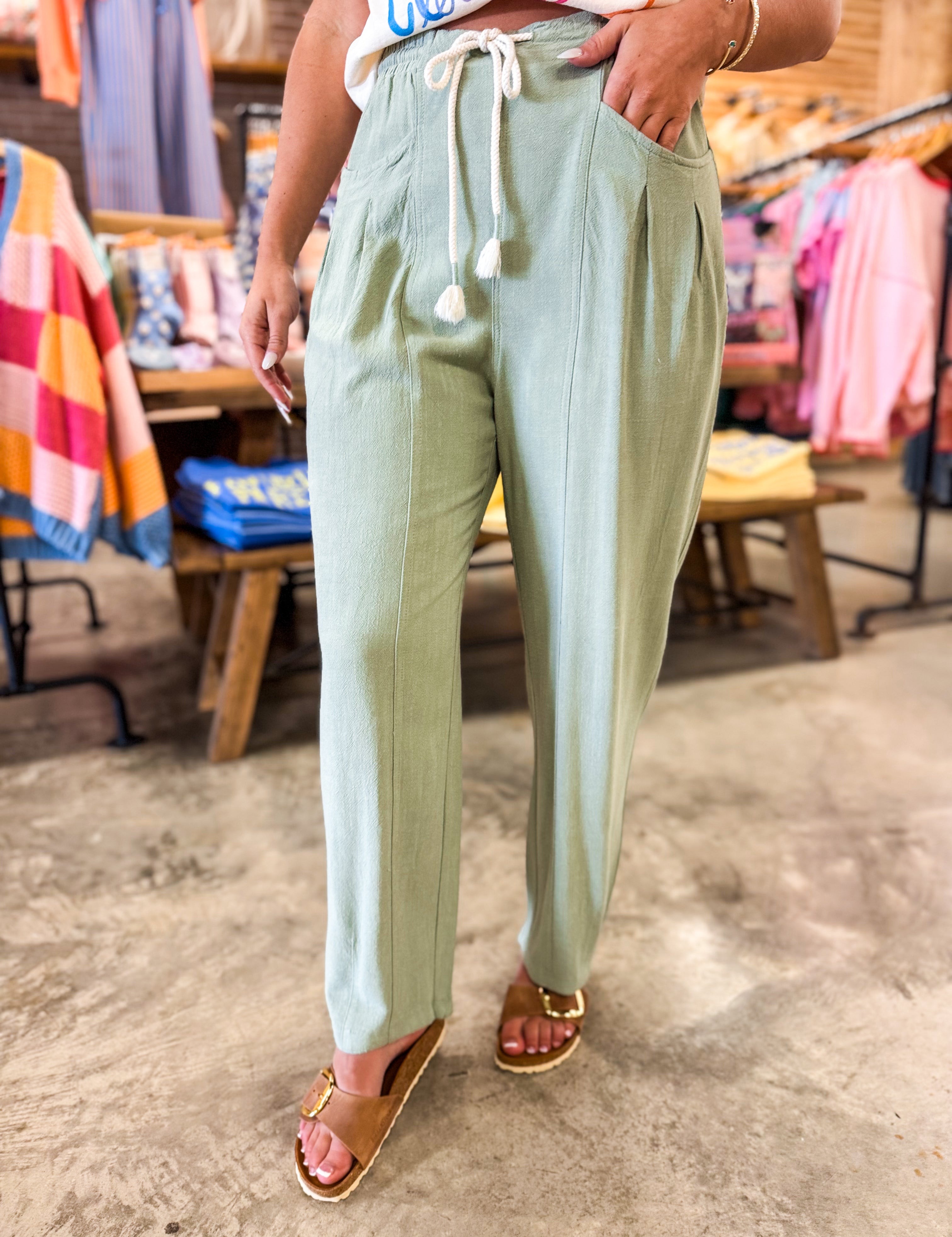 Waist Belted Barrel Leg Loose Pants - Soft Olive - Lace and Grace Boutique
