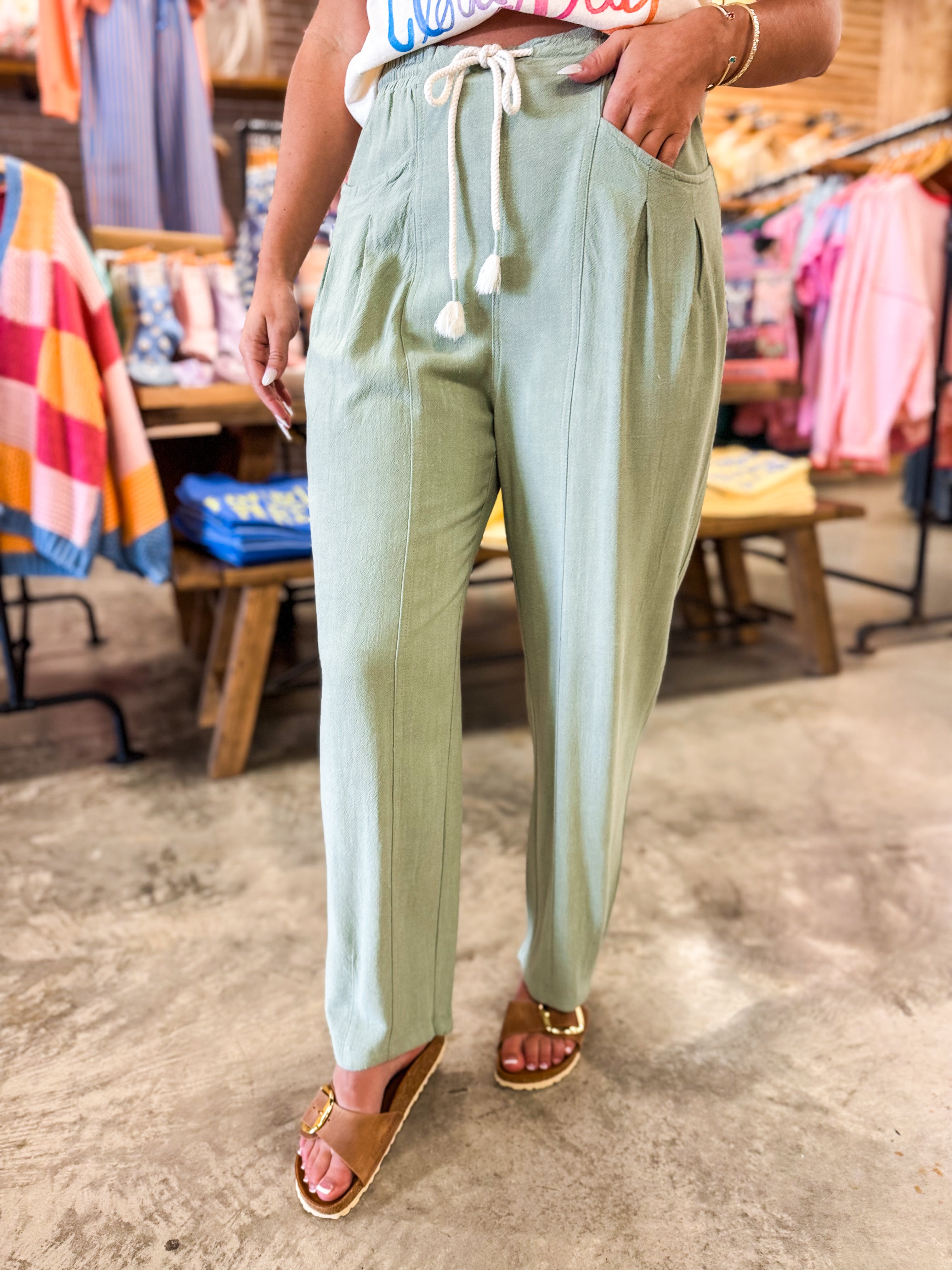 Waist Belted Barrel Leg Loose Pants - Soft Olive - Lace and Grace Boutique