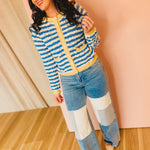 Wavy Striped Contrast Sweater Cardigan - Blue/White - Lace and Grace Boutique