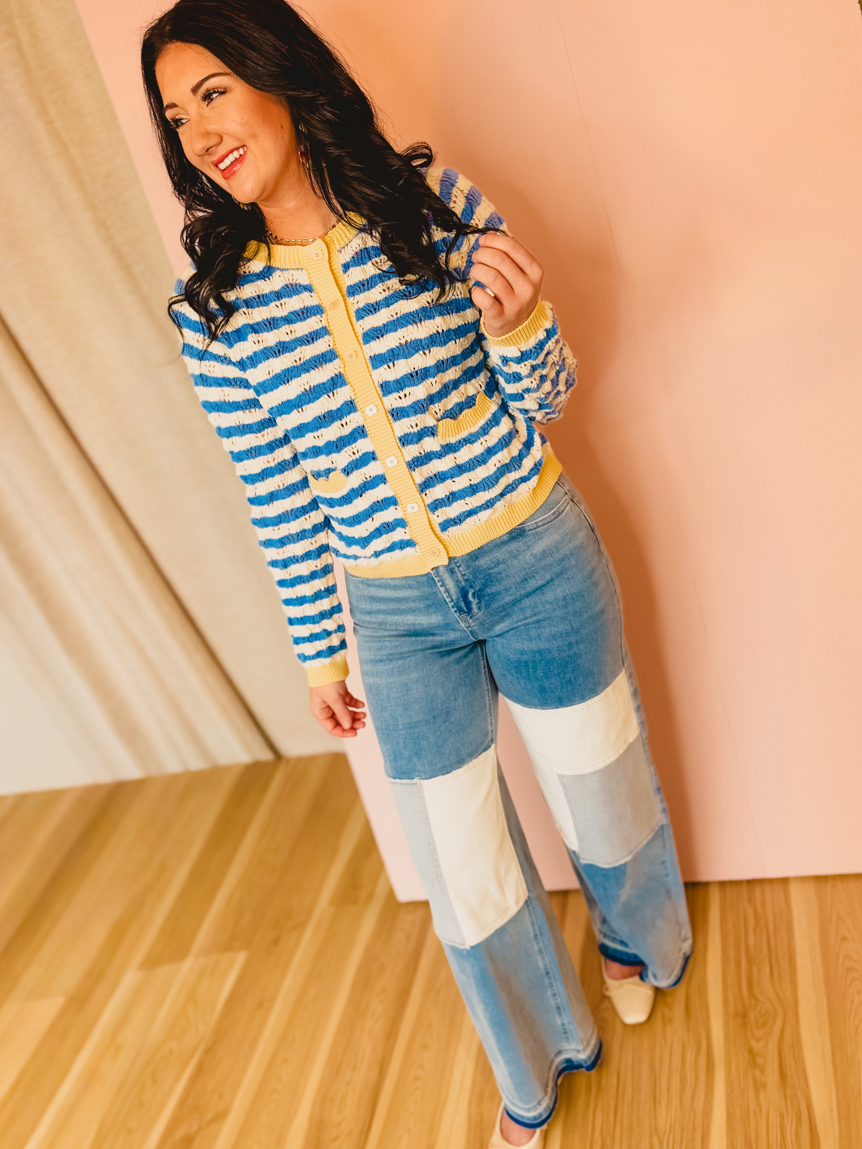 Wavy Striped Contrast Sweater Cardigan - Blue/White - Lace and Grace Boutique