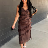 Cascading Ruffle Polka Dot Midi Dress - Chocolate