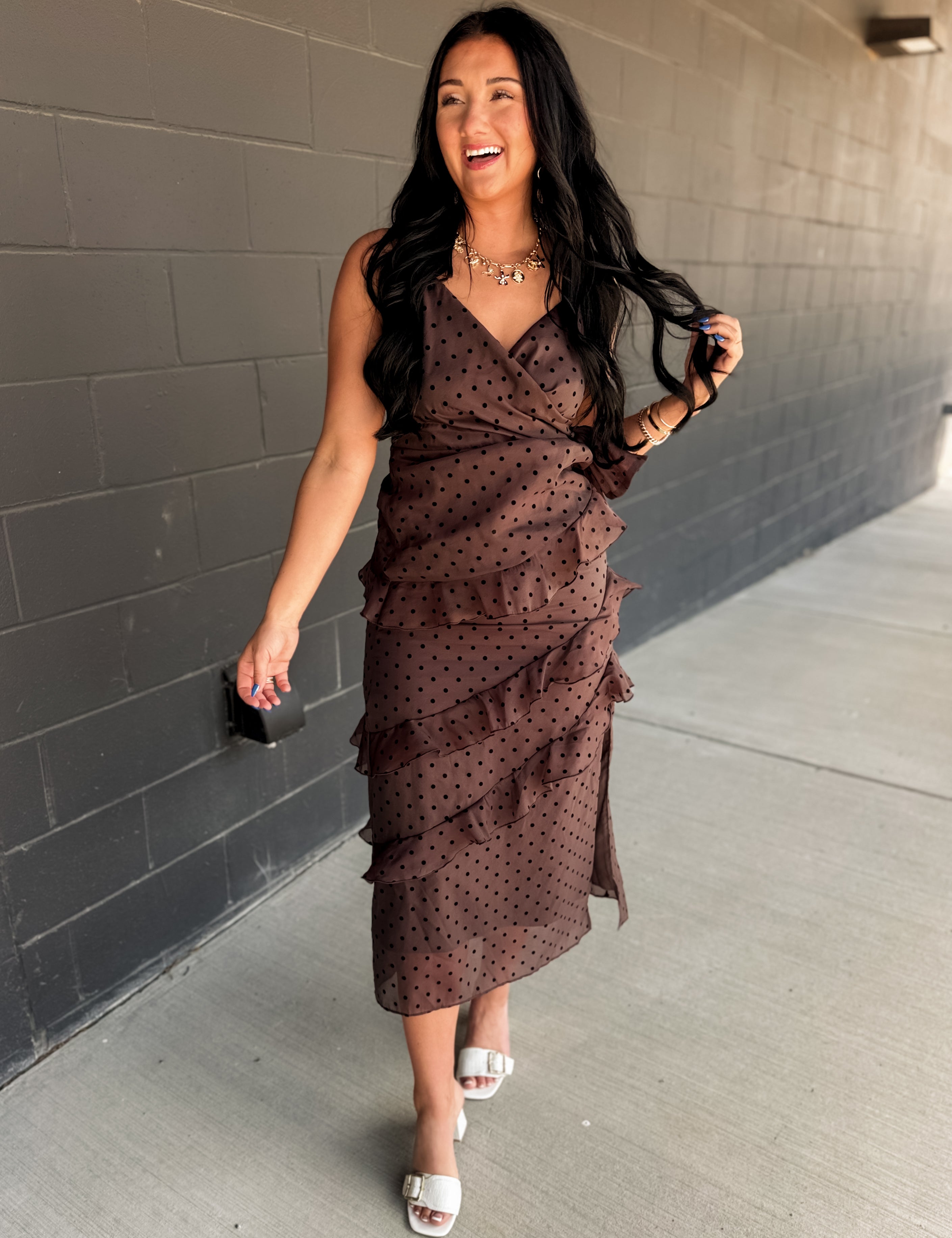 Cascading Ruffle Polka Dot Midi Dress