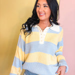 Wide Striped Collared Knit Sweater - Blue/Yellow - Lace and Grace Boutique