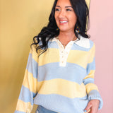 Wide Striped Collared Knit Sweater - Blue/Yellow - Lace and Grace Boutique