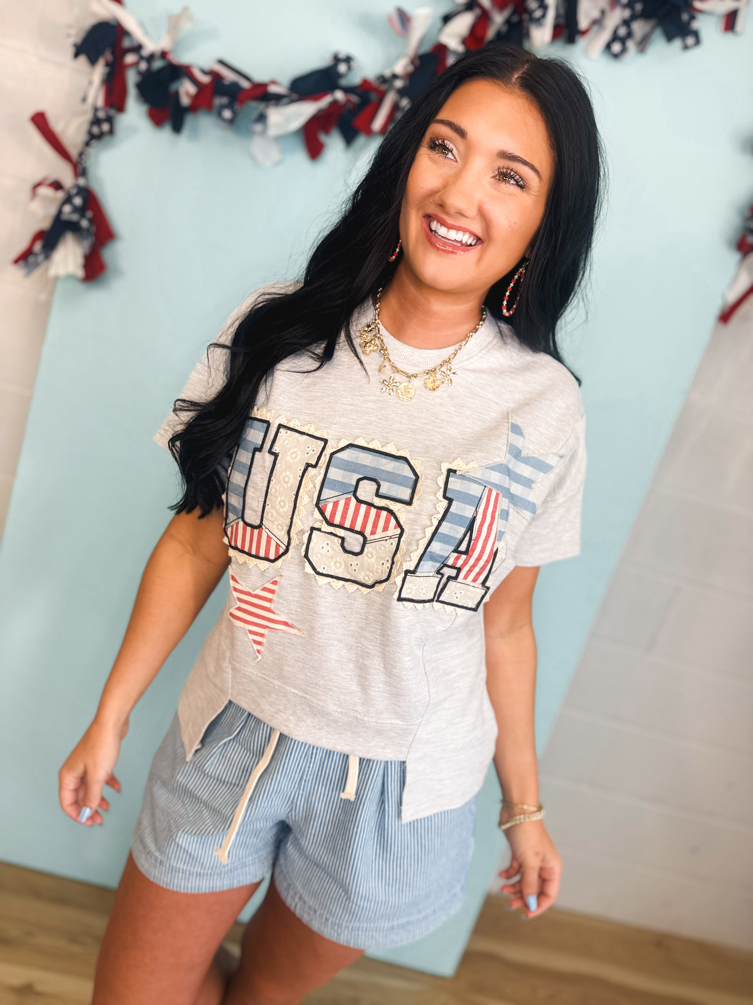 Simply Southern USA Patch Top - Light Heather - Lace and Grace Boutique