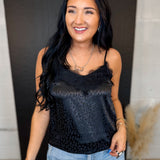 Leopard Lace Trim Satin Camisole Tank Top - Black