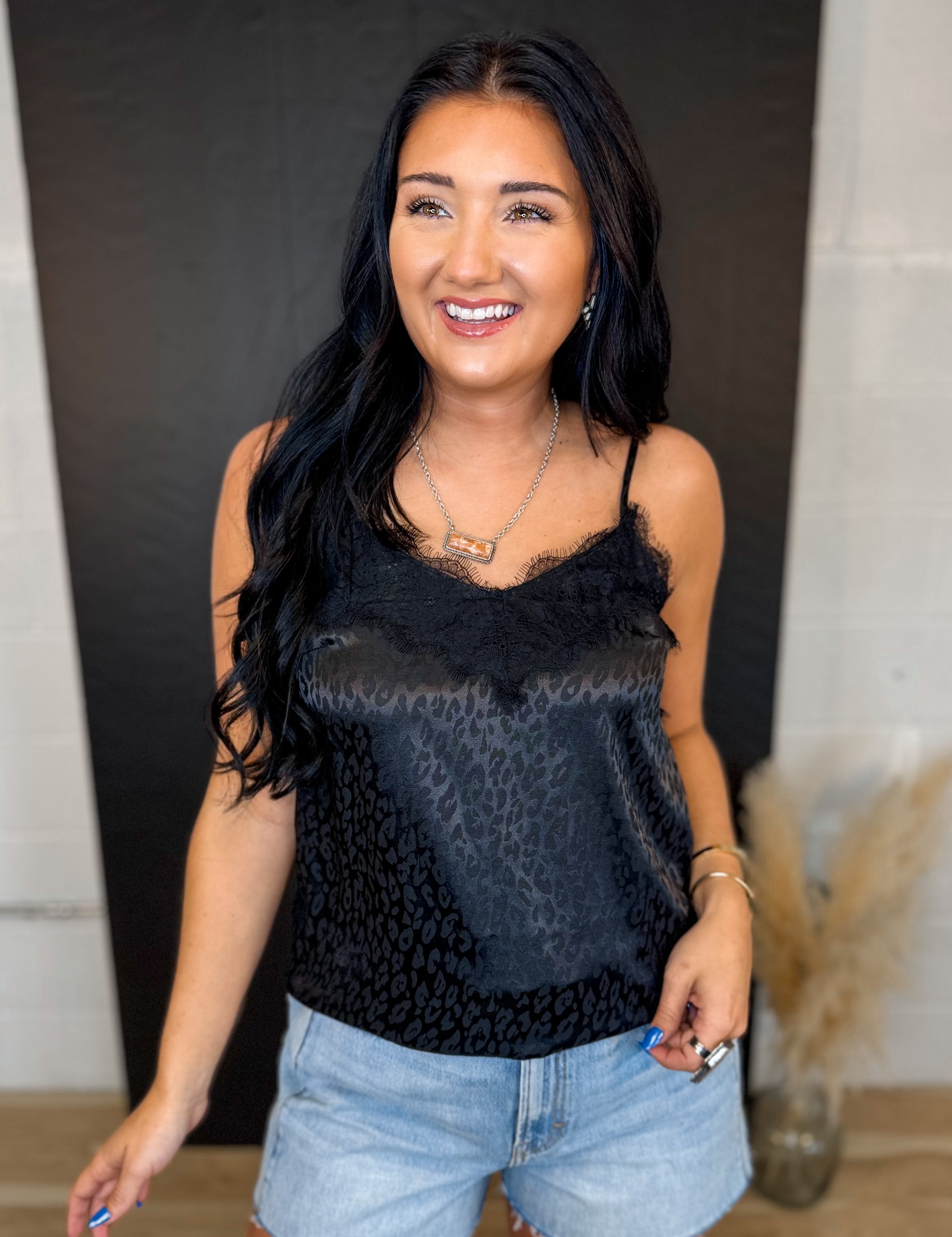 Leopard Lace Trim Satin Camisole Tank Top - Black - Lace and Grace Boutique