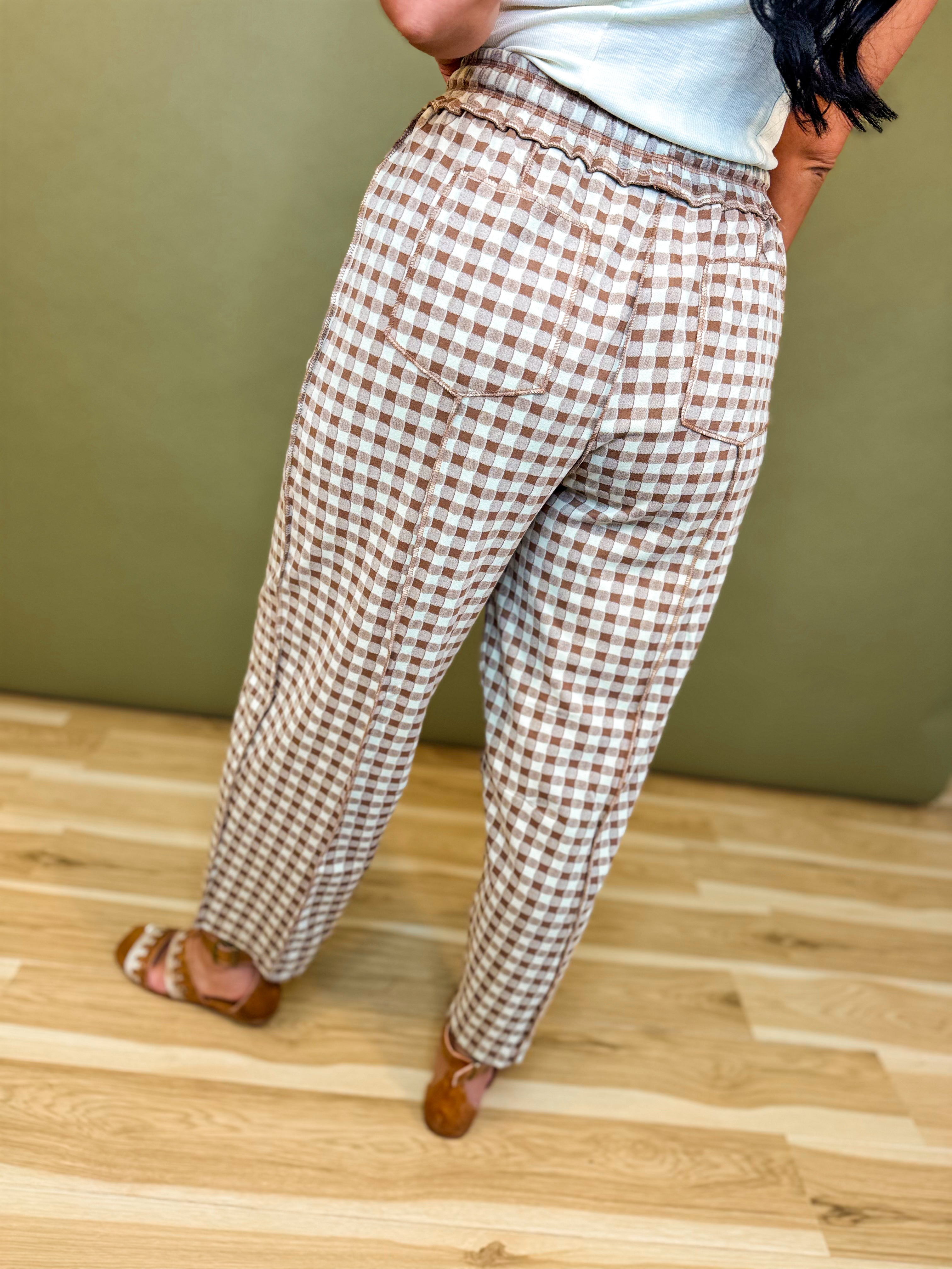 Gingham Print Barrel Fit Utility Pants - Mocha - Lace and Grace Boutique