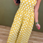 Polka Dot Print Smocked Detail Jumpsuit - Yellow - Lace and Grace Boutique